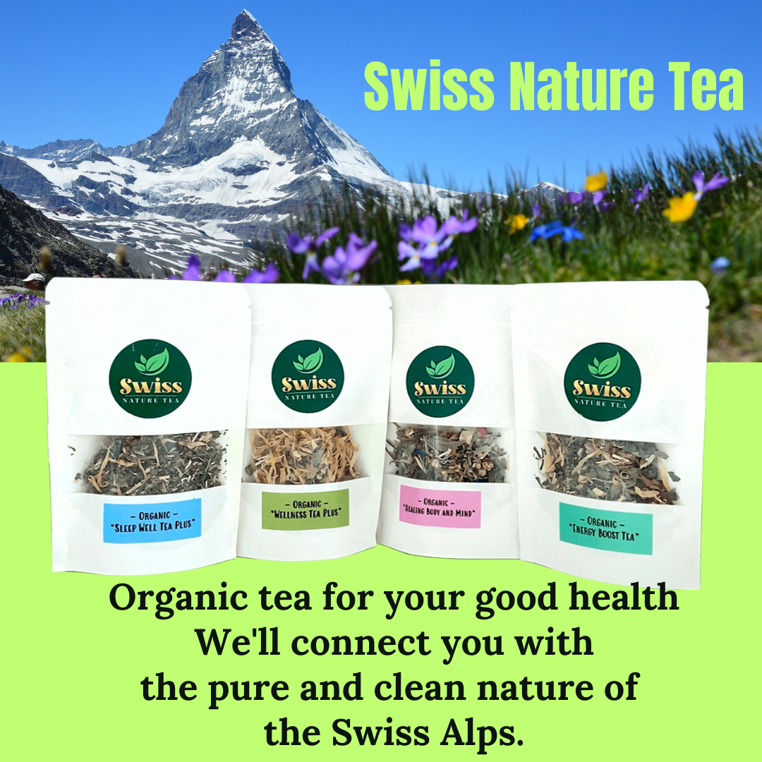 Organic tea for your good health. We'll connect you with the pure and clean nature of the Swiss Alps.